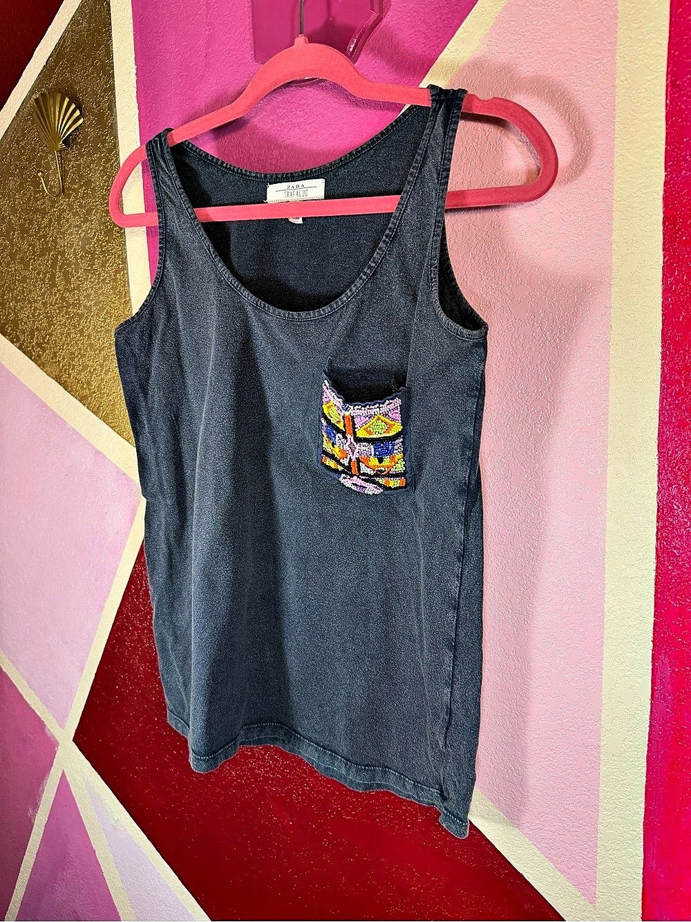 Zara Trafaluc Small Washed Navy Tank Top Beaded Pocket Boho Festival Scoop Neck